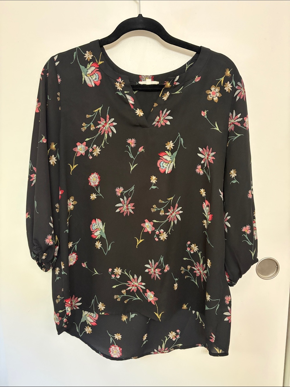 Pleione Black Floral Split-Neck Blouse with Pink & Green Accents